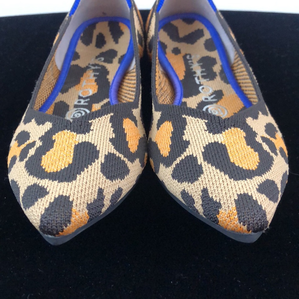 Rothy's Leopard Print Pointed Flats with Blue Trim - Picture 6 of 9